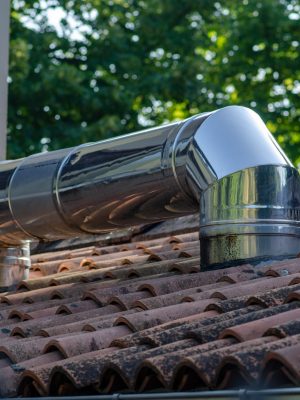 Roof ventilation system. Stainless pipe line. through ventilation systems in galvanized steel roofing, elements for air conditioning, ventilation and fume extraction.